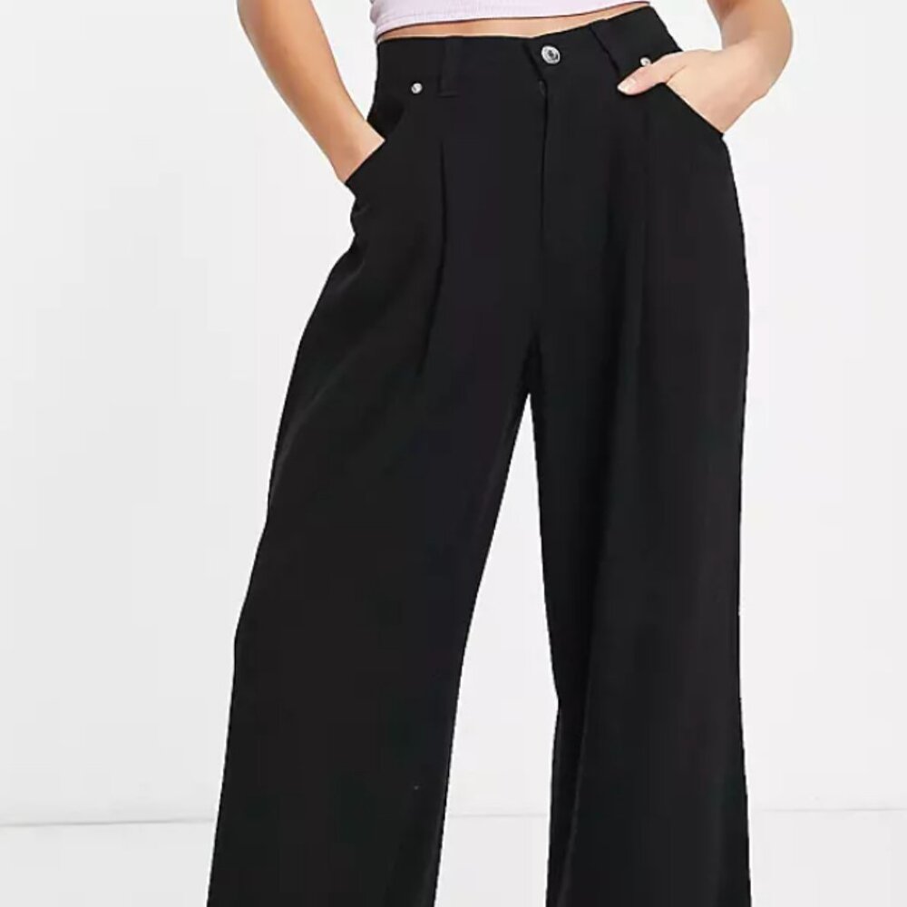 ASOS DESIGN Petite wide leg pants with linen in black